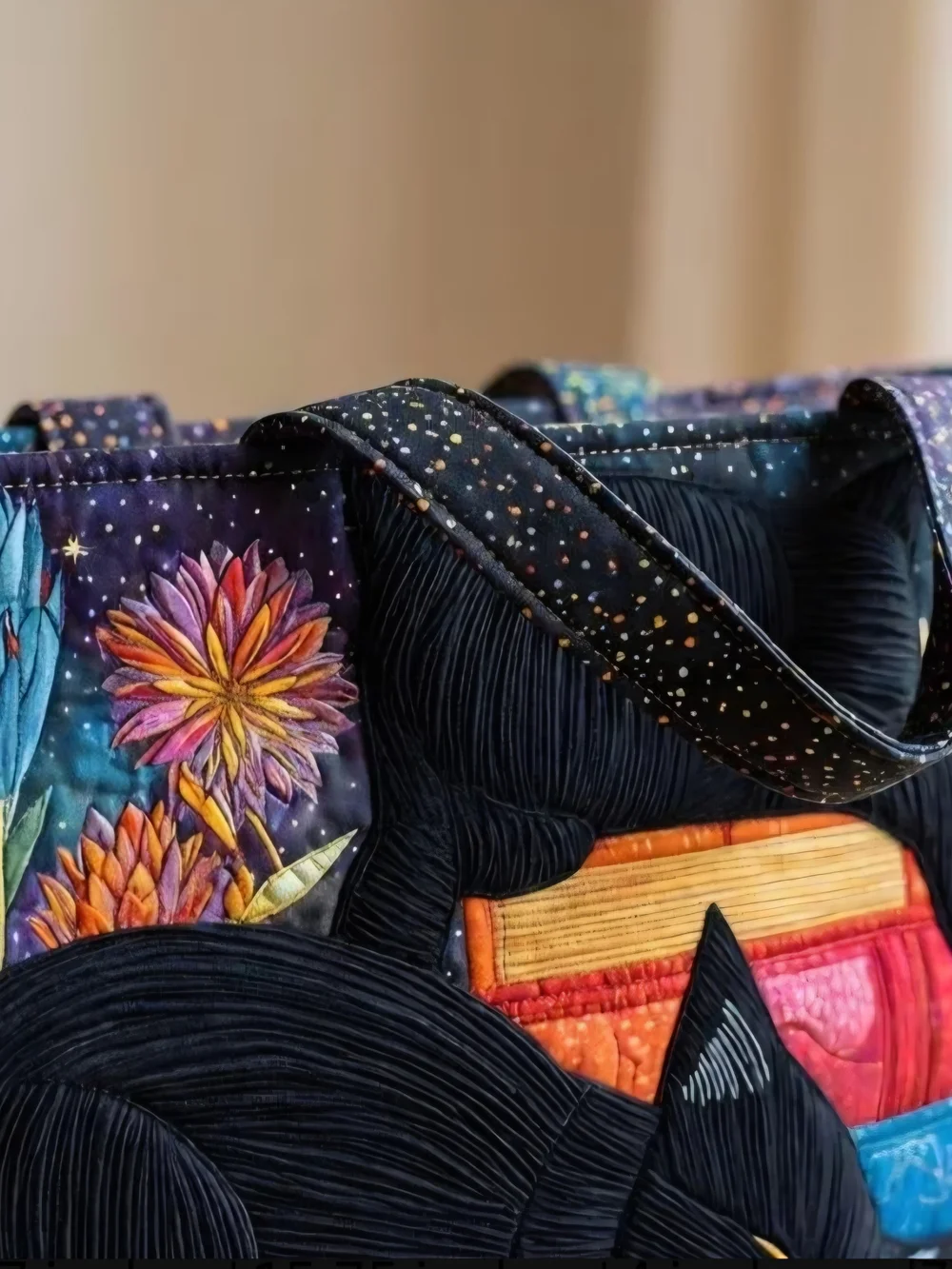 Quilted Tote Bag with Sleeping Black Cat and Colorful Bookstack